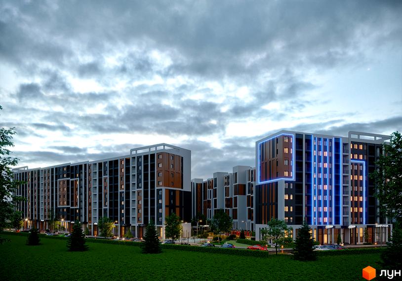 Житловий комплекс КЕЛЬЦЕ - це багатоповерхові будинки з коричневими та сірими фасадами, підсвічені синіми вертикальними лініями. Територія навколо комплексу вкрита зеленою травою та деревами.