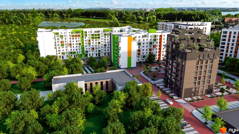 Житловий комплекс Квартал Віденський. Багатоповерхові будинки з яскравими фасадами та зеленою прибудинковою територією з деревами та дитячим майданчиком.