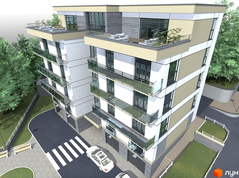 Зовнішній вигляд новобудови Беладжіо з балконами та вікнами, прибудинкова територія з дорогою та пішохідним переходом.