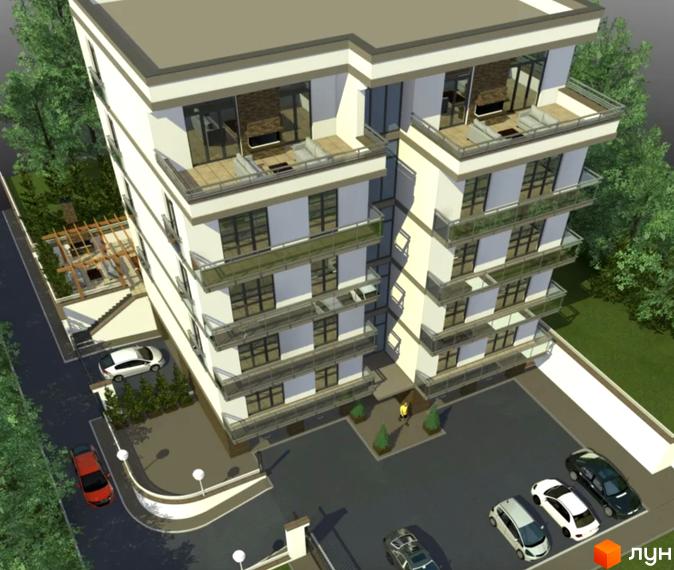 Будівельний проєкт Беладжіо: багатоповерховий будинок з балконами та прибудинковою територією з парковкою та зеленими насадженнями.