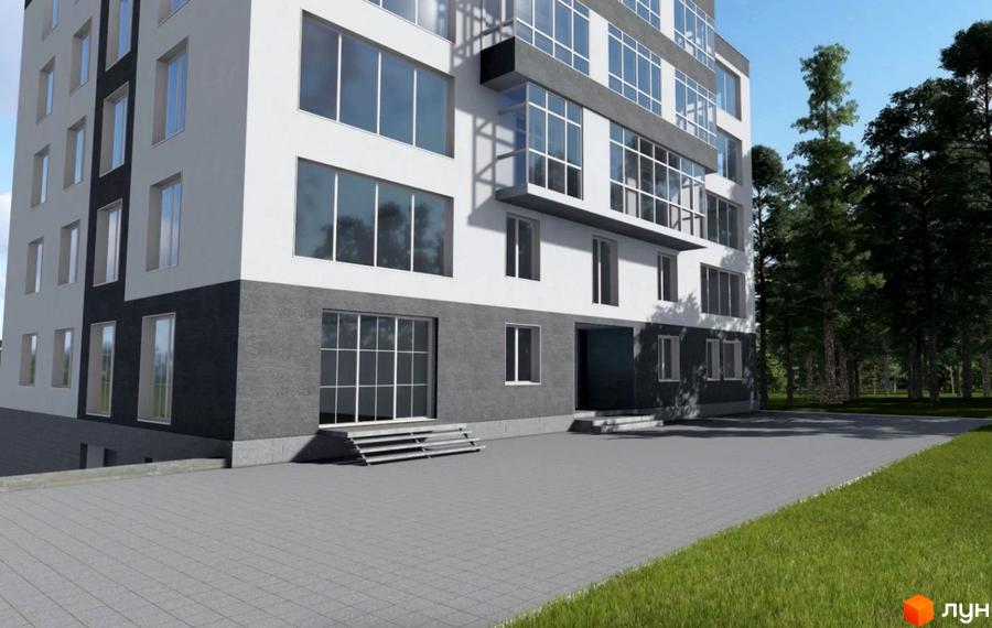 Фасад житлового комплексу Park Mriy з великими вікнами та сірою обробкою цоколя. Поруч розташована вимощена сірою плиткою територія та зелена галявина.