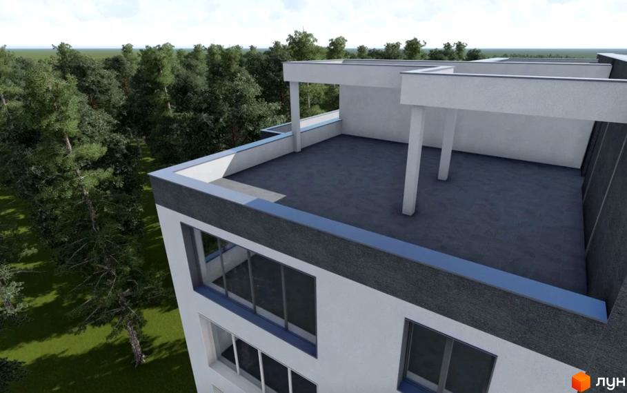 Зовнішній вигляд новобудови ЖК Парк мрій з терасою та вікнами, оточеної деревами. Зелена прибудинкова територія з травою.