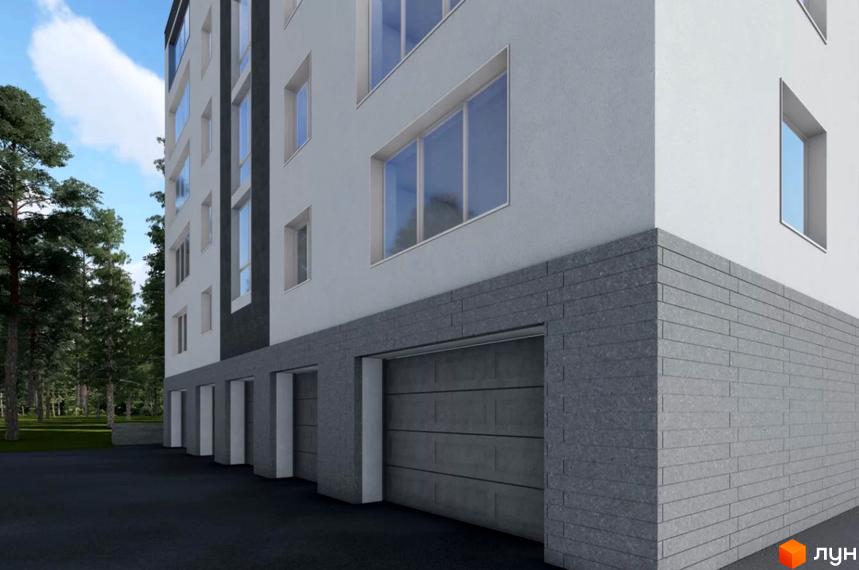 Фасад новобудови ЖК Парк мрій з гаражними воротами та вікнами, оточений деревами.