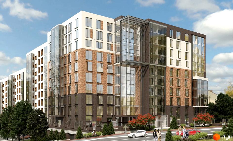 Зображення фасаду та скляних балконів Житлового комплексу GREENLAND. На передньому плані дерева та пішохідна зона.