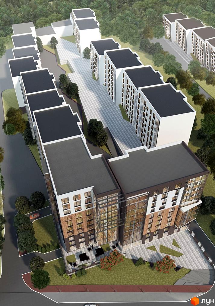 Зображення Житлового комплексу GREENLAND з висоти пташиного польоту. На фото видно будинки та озеленену прибудинкову територію.