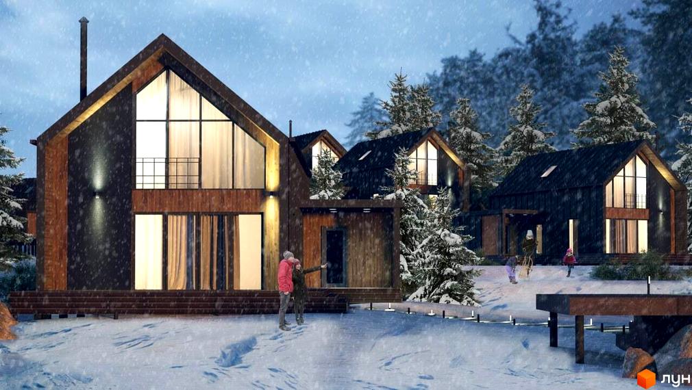 Котеджне містечко КМ Схили у зимовому лісі. Сучасні будинки з великими вікнами та дерев'яними елементами фасаду, оточені засніженими ялинами. На території видно людей, що відпочивають на снігу.