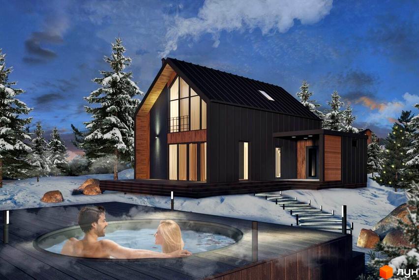 Котеджне містечко КМ Схили: сучасний чорний будинок з дерев'яними елементами та зоною відпочинку з джакузі на тлі зимового пейзажу.