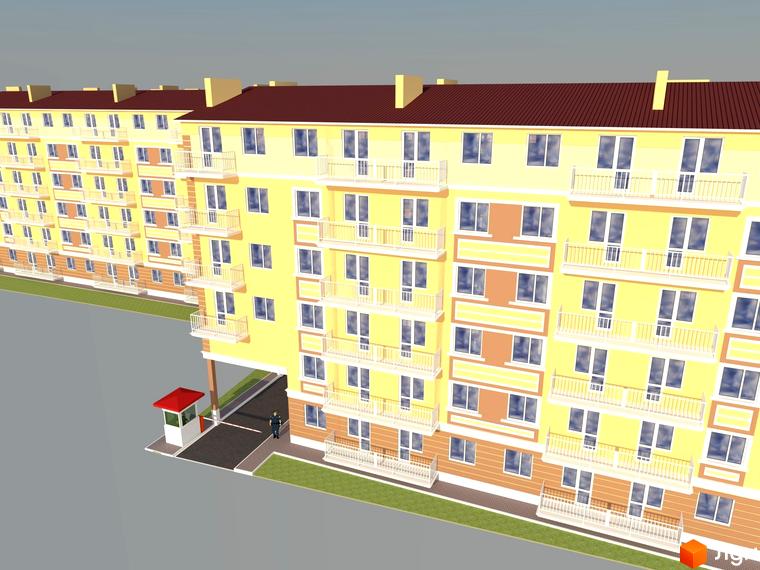 Житловий комплекс Новий Люстдорф. Багатоповерхові будинки жовтого кольору з коричневими дахами та білими балконами. Біля будинку будка охорони та чоловік.