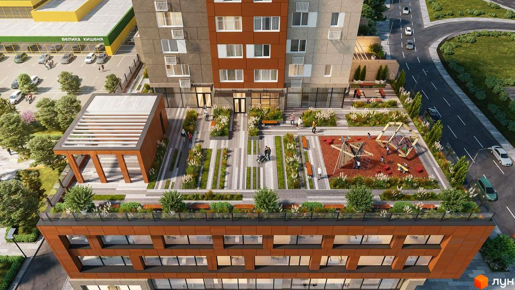 Obolon Plaza: сучасний житловий комплекс з доглянутою прибудинковою територією та дитячим майданчиком. Зовнішній вигляд будівлі та зони відпочинку.