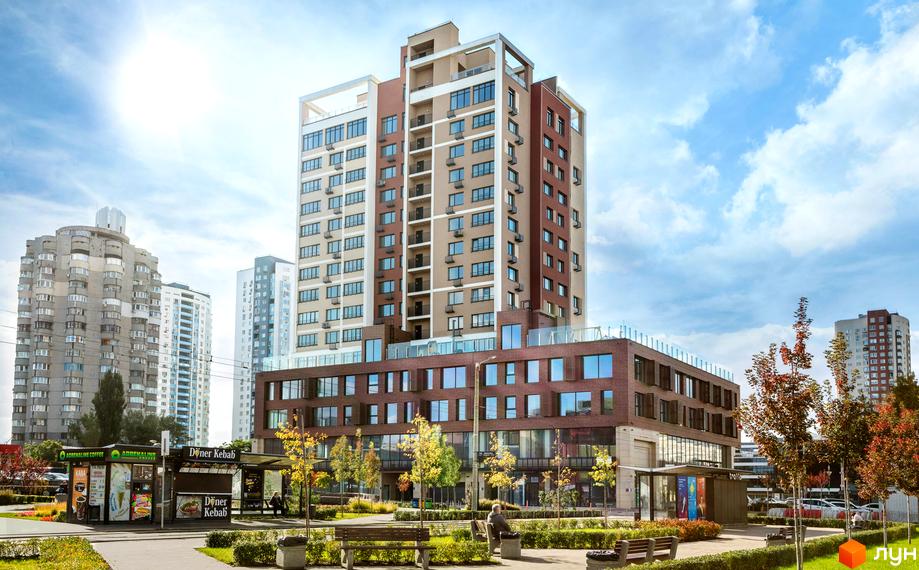Житловий комплекс Obolon Plaza - висотна будівля з цегляною основою та світлими фасадами. Поруч розташовані зелені зони, лавки та кіоски.