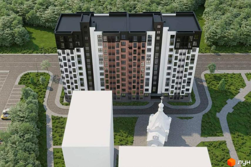 Зовнішній вигляд житлового комплексу Волошковий з білими та чорними фасадами, вікнами та балконами, оточений деревами та дорогою.