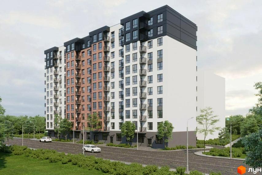 Зовнішній вигляд житлового комплексу Волошковий з цегляним та білим фасадом, балконами та темною верхньою частиною. Навколо новобудови розташована дорога з автомобілями та зелені насадження.