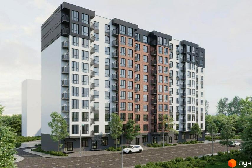 Житловий комплекс Волошковий - це багатоповерховий будинок з цегляними та білими фасадами, балконами та великими вікнами. Територія навколо будинку озеленена деревами та має під'їзні шляхи.