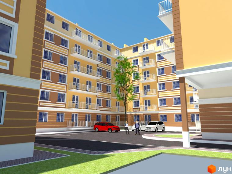 Новобудова ЖК Новий Люстдорф з жовто-коричневим фасадом та балконами. Прибудинкова територія з парковкою та зеленими зонами.