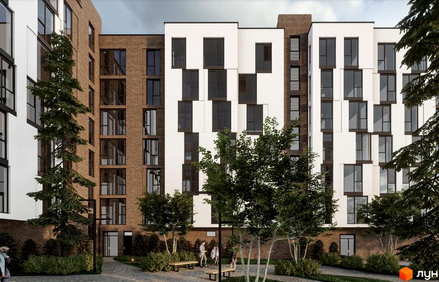 Житловий комплекс Вілла Зубра з цегляним та білим фасадом, великими вікнами та зеленою прибудинковою територією з деревами та лавками.