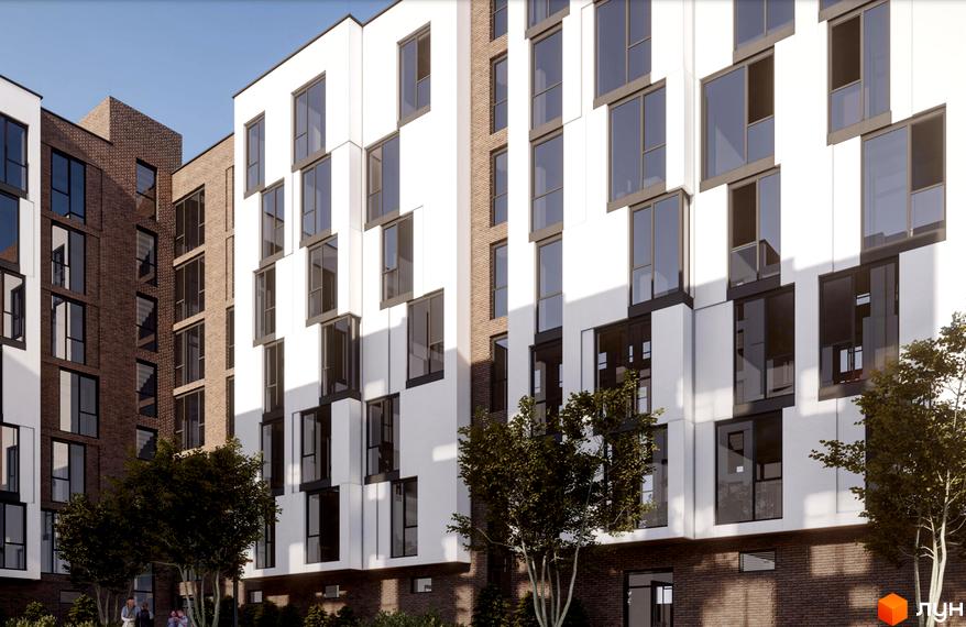 Зовнішній вигляд новобудови ЖК Вілла Зубра з білими та цегляними фасадами, великими вікнами та зеленими деревами на прибудинковій території.