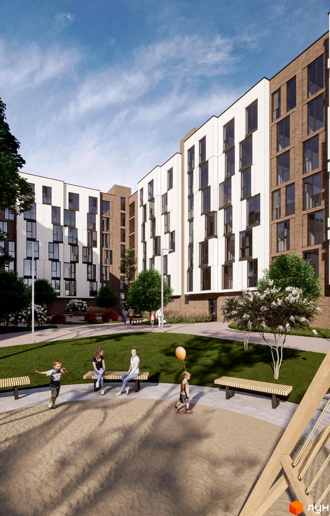 Житловий комплекс Вілла Зубра з цегляним та білим фасадами, великими вікнами, зеленою прибудинковою територією та місцями для відпочинку.