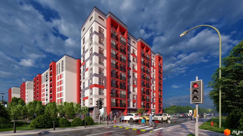Зовнішній вигляд житлового комплексу на вул. Академіка Корольова з червоними та сірими фасадами. Навколо будинку розташовані зелені насадження та міська інфраструктура.