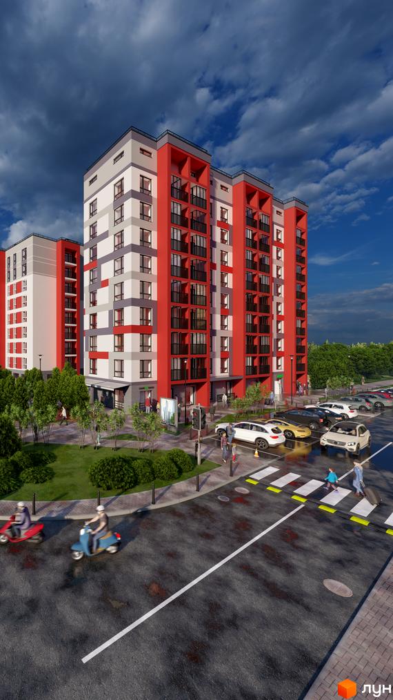 Зовнішній вигляд новобудови на вул. Академіка Корольова з червоними та сірими фасадами, балконами та прибудинковою територією з зеленими насадженнями та дорогою.