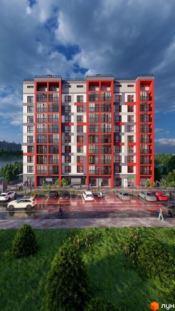Фасад житлового комплексу на вул. Академіка Корольова з червоними та сірими елементами, парковка та зелена зона перед будинком.