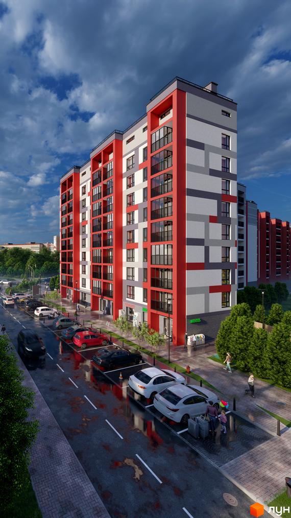 Новобудова на вулиці Академіка Корольова з червоно-сірим фасадом та балконами. Поруч розташований паркінг та зелена зона.