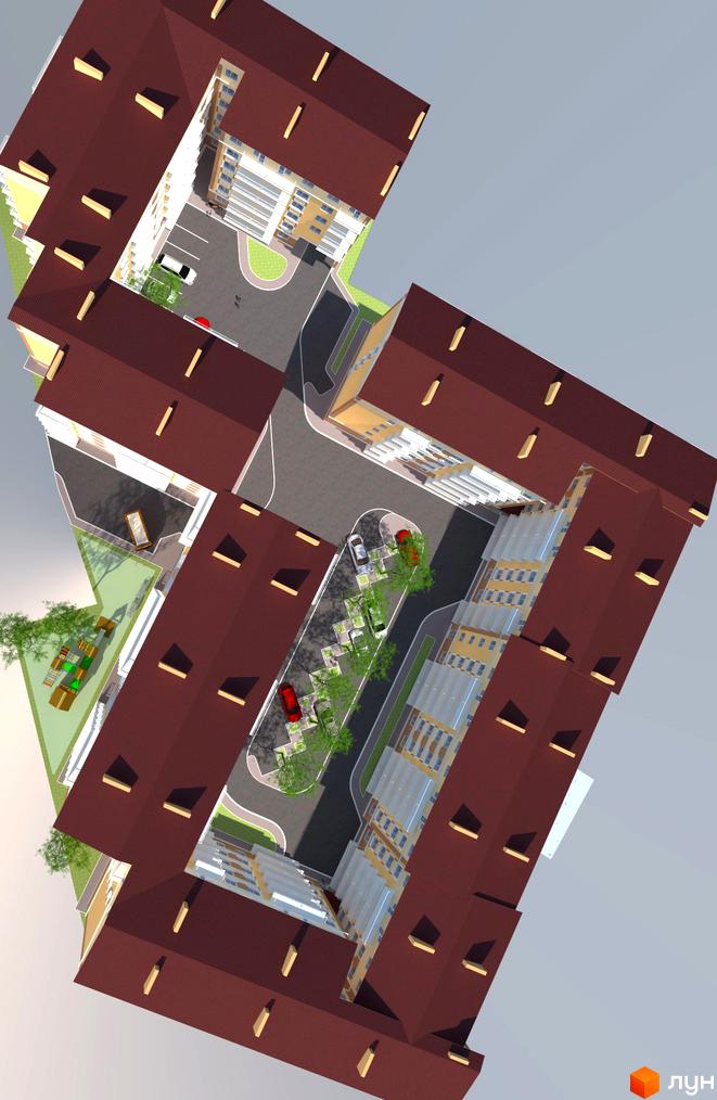 Вид зверху на житловий комплекс Новий Люстдорф з червоними дахами. На території є дитячий майданчик та парковка з автомобілями.