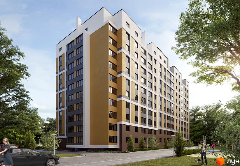Багатоповерховий будинок Житлового комплексу Європейський з фасадом у світлих, сірих та коричневих тонах. Прибудинкова територія озеленена.