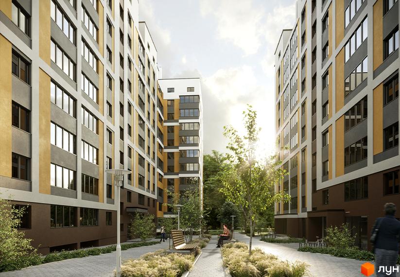Високі будинки ЖК Європейський з великими вікнами та жовтими вставками. На території є лавки, дерева та доріжки з бруківки.