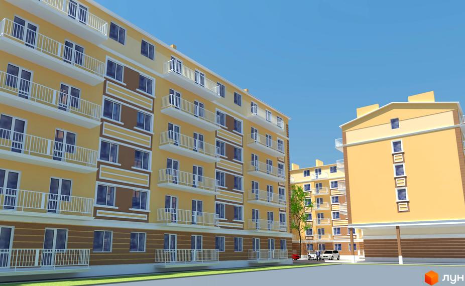 Зовнішній вигляд житлового комплексу Новий Люстдорф з жовтими фасадами та білими балконами. На прибудинковій території видно автомобілі та зелені насадження.