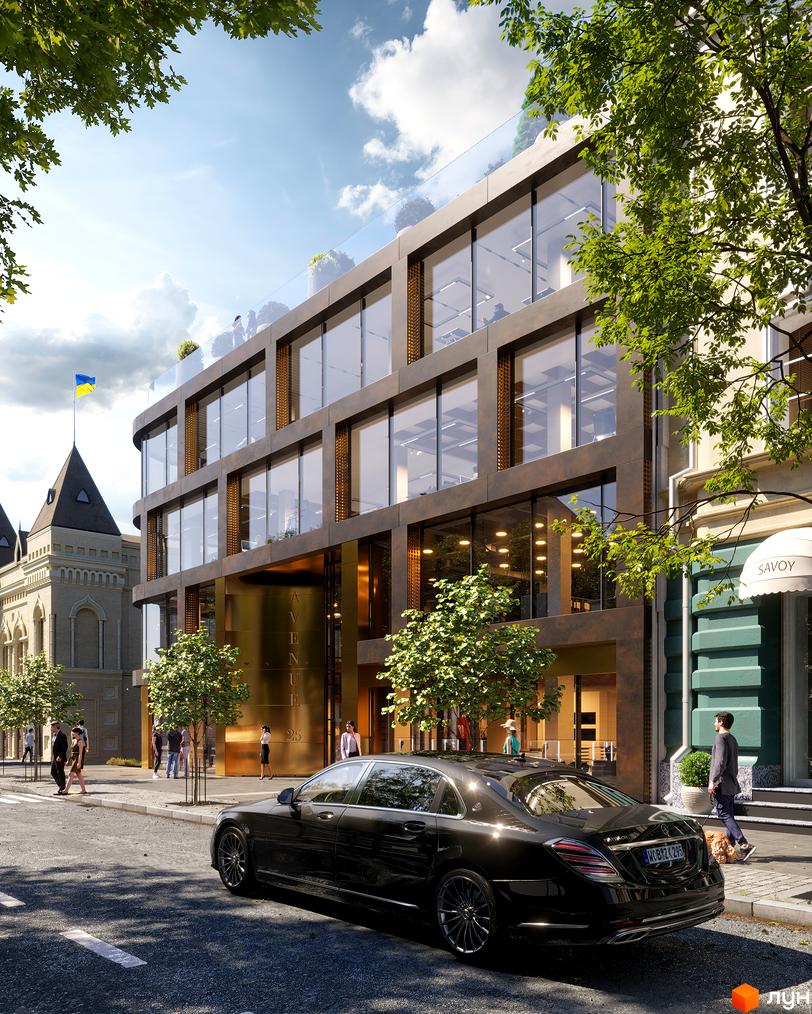 Новобудова Avenue 25 з панорамними вікнами та терасою на даху. Перед будинком розташована вулиця з деревами та пішохідною зоною.