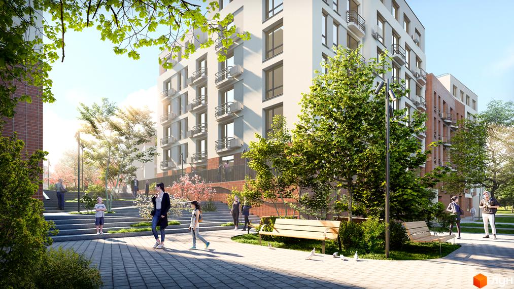 Житловий комплекс РЕМ з багатоповерховими будинками та озелененою прибудинковою територією зі сходами та лавками.