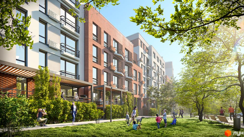 Житловий комплекс РЕМ – це сучасна новобудова з цегляним фасадом та просторими балконами, розташована серед зеленого парку з місцями для відпочинку.