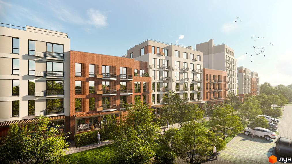 Житловий комплекс РЕМ: багатоповерхові будинки з цегляними та світлими фасадами, балконами. Прибудинкова територія з деревами, зеленими газонами та пішохідними доріжками.