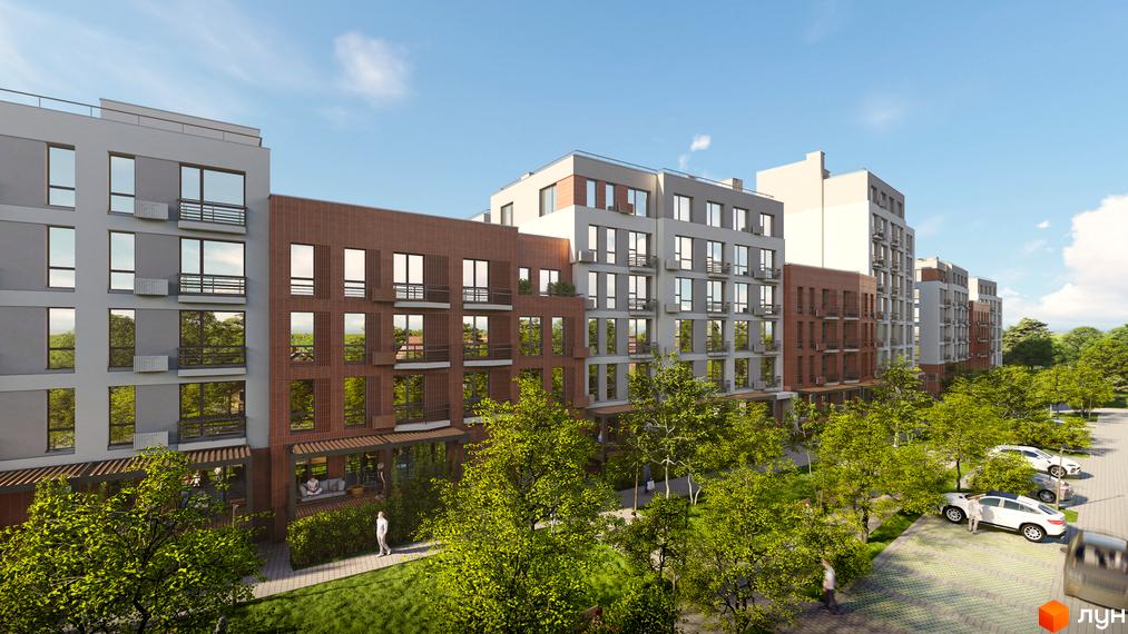 Житловий комплекс РЕМ – це сучасна новобудова з цегляним фасадом та великими вікнами. Територія навколо будинку озеленена деревами, є парковка для автомобілів.