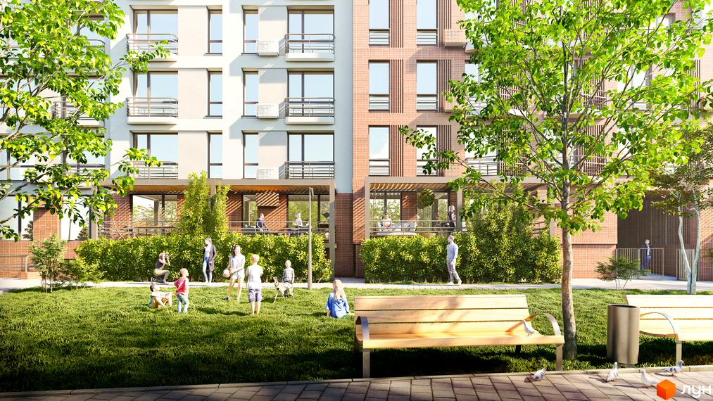 Житловий комплекс РЕМ: фасади будівель з цегляним та білим оздобленням, балконами та зеленим подвір'ям з лавками та людьми.
