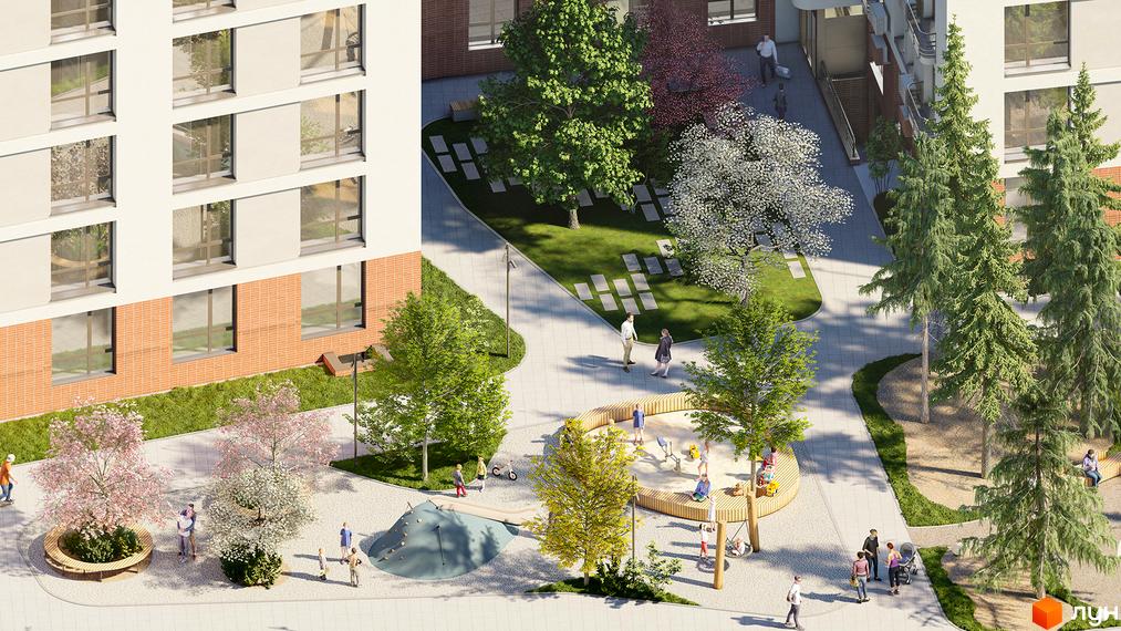 Житловий комплекс РЕМ: фасади будівель з цегляним оздобленням та великими вікнами, зелені зони відпочинку з дитячим майданчиком та місцями для сидіння.