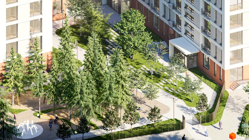 Житловий комплекс РЕМ: багатоповерхові будинки з білими фасадами та цегляними елементами, оточені доглянутою зеленою територією з деревами, доріжками та фонтаном.