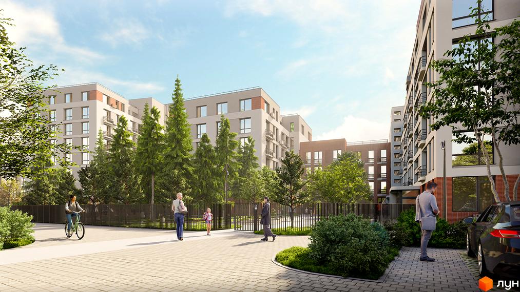 Житловий комплекс РЕМ з багатоповерховими будинками та доглянутою прибудинковою територією з деревами та доріжками.