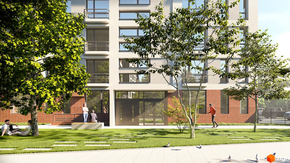 Будинок житлового комплексу РЕМ з цегляним цоколем та балконами. Територія навколо будинку озеленена, з деревами та місцями для відпочинку.