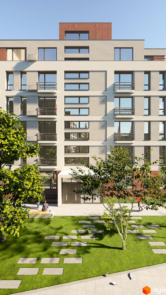 Новобудова РЕМ: багатоповерховий будинок світлого кольору з балконами та великими вікнами. Перед ним зелений газон зі стежкою з плит та деревами.