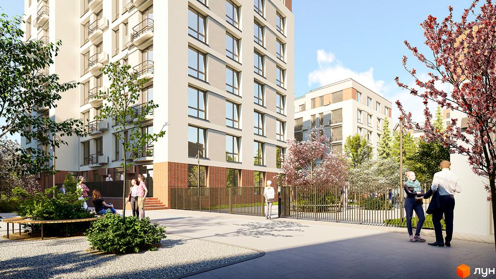 Новобудова ЖК РЕМ з фасадом світло-бежевого кольору та численними вікнами. Прибудинкова територія з зеленими насадженнями та місцями для відпочинку.