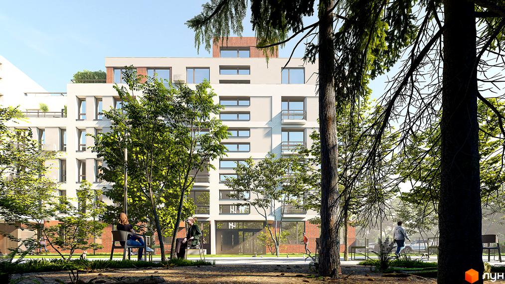 Новобудова ЖК РЕМ з фасадами світлих кольорів та балконами, оточена зеленою прибудинковою територією з деревами та місцями для відпочинку.