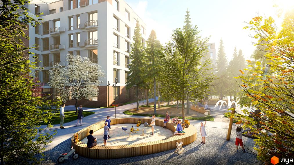 Житловий комплекс РЕМ: сучасна архітектура та затишна прибудинкова територія з дитячим майданчиком та зонами відпочинку.