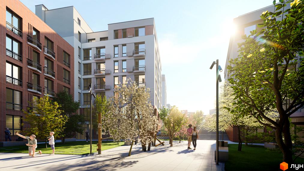 Житловий комплекс РЕМ: фасади з червоної цегли та світлих панелей, облаштований двір з зеленими насадженнями та зонами для прогулянок.