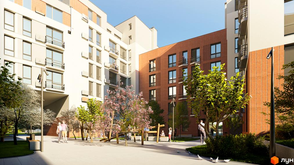 Житловий комплекс РЕМ з цегляним фасадом та білими стінами, з внутрішнім двором, дитячим майданчиком та зеленими деревами.