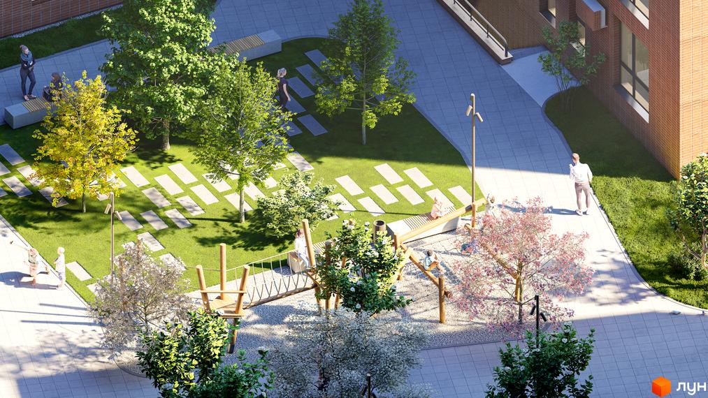 Житловий комплекс РЕМ: зелений двір з дитячим майданчиком та зонами відпочинку. Сучасна архітектура та затишна прибудинкова територія для комфортного життя.