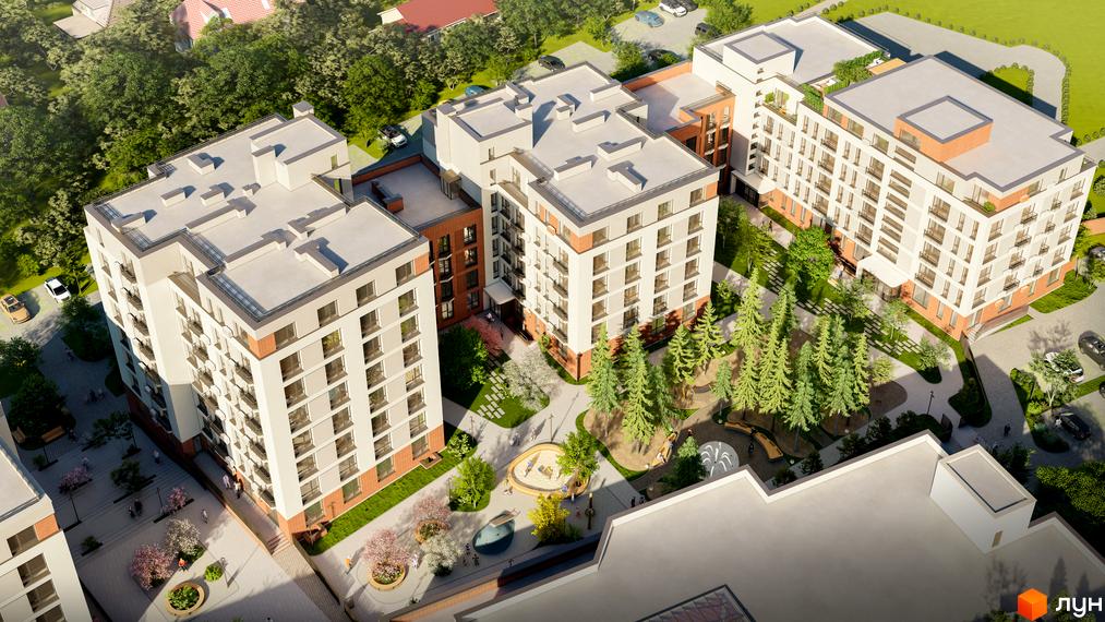 Житловий комплекс РЕМ з багатоповерховими будинками світлого кольору та доглянутою прибудинковою територією з деревами та дитячим майданчиком.