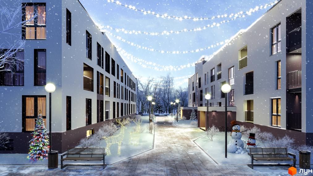 Зимовий ЖК Еко-дім на Надійній. Сніг падає на будинки з великими вікнами. На території є сніговики, ялинка, гірлянди та лавки для відпочинку.