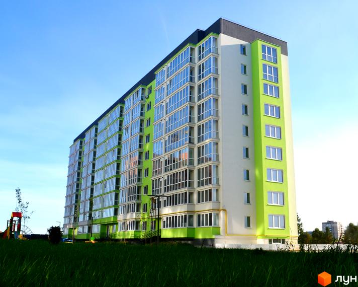 Житловий комплекс Living Park від Нова Будова-2. Багатоповерховий будинок з яскравим зеленим фасадом та великою кількістю скляних балконів на тлі блакитного неба. Поруч дитячий майданчик та зелена галявина.