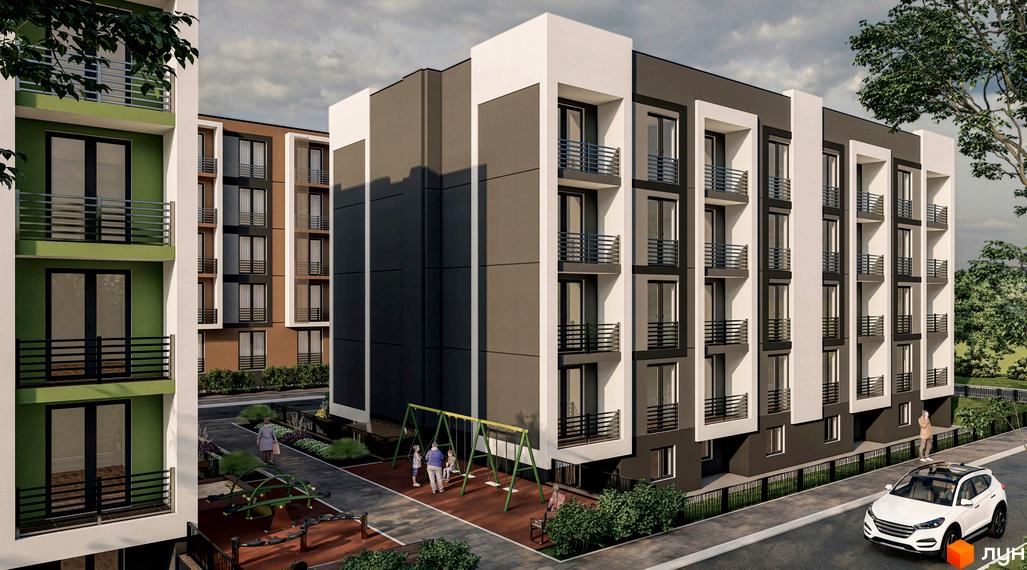 Зовнішній вигляд житлового комплексу Brickwood 2 з фасадами сірого, білого та коричневого кольорів, дитячим майданчиком та зеленими насадженнями.